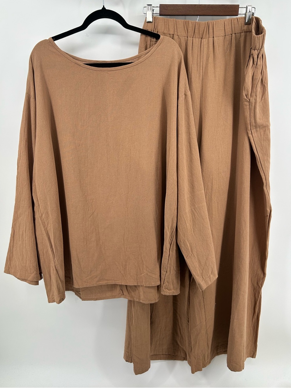 Relaxed Top Two-Piece Wideleg Pants Set  Camel Women's Size 5XL lightweight